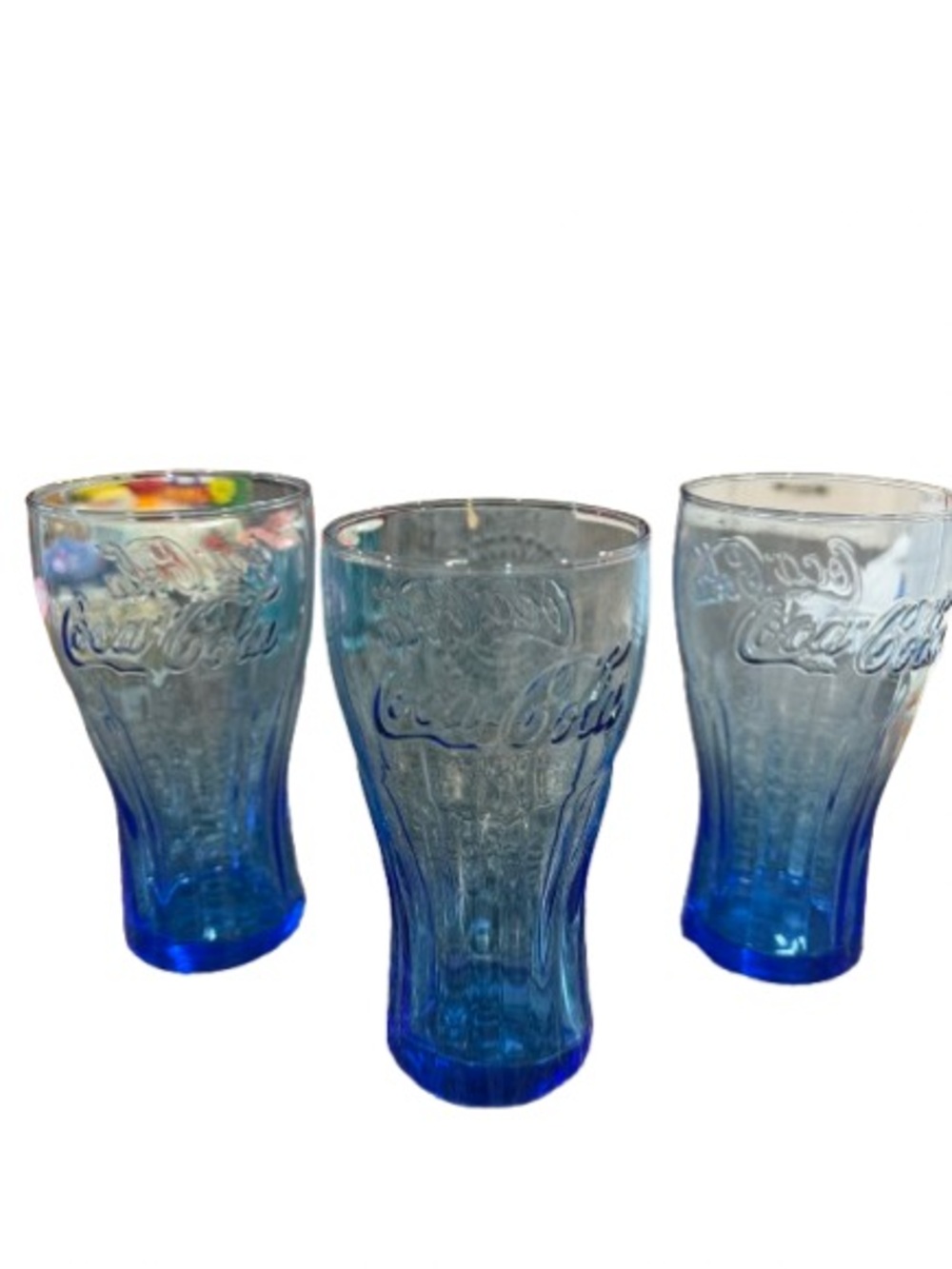 Vtg Coca-Cola Rare Cobalt Blue Ribbed Contour Shape Glasses with Embossed Script